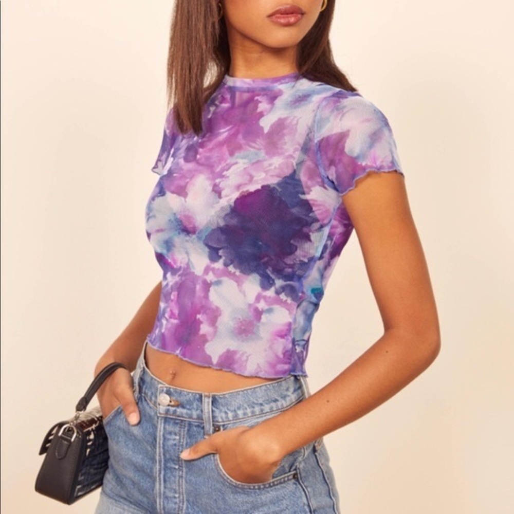 Reformation Purple Floral Mesh Short Sleeve Buffie Top